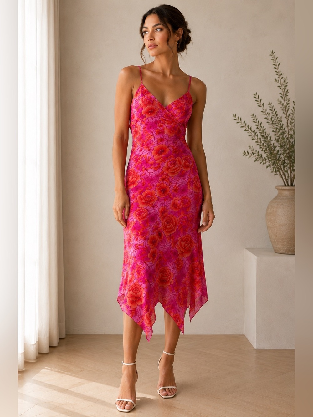 Just Choon Pink Floral Slip Dress Handkerchief Hem Size 13